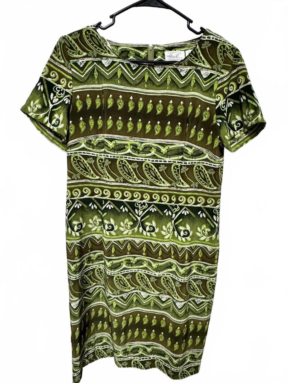 Vintage Kathie Lee Collection 1990s Olive Green Paisley Geometric Shift Dress